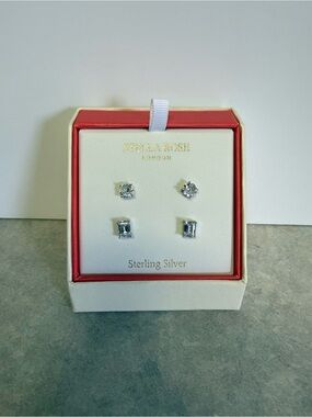 Stella Rose London 2 Pairs Sterling Silver S925 Stud Earrings Round Emerald Cut